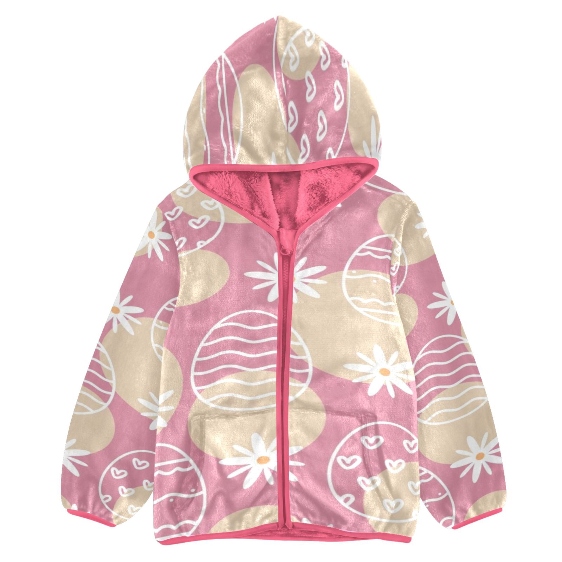 BZSMCE Double-Sided Sherpa Fleece Hooded Zipper Jacket Pink Pastel Easter Whimsy Print Warm Outerwear