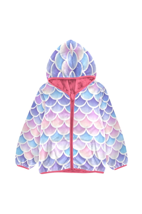 BZSMCE Double-Sided Sherpa Fleece Hooded Zipper Jacket Pink Pastel Mermaid Scales Pattern Print Warm Outerwear