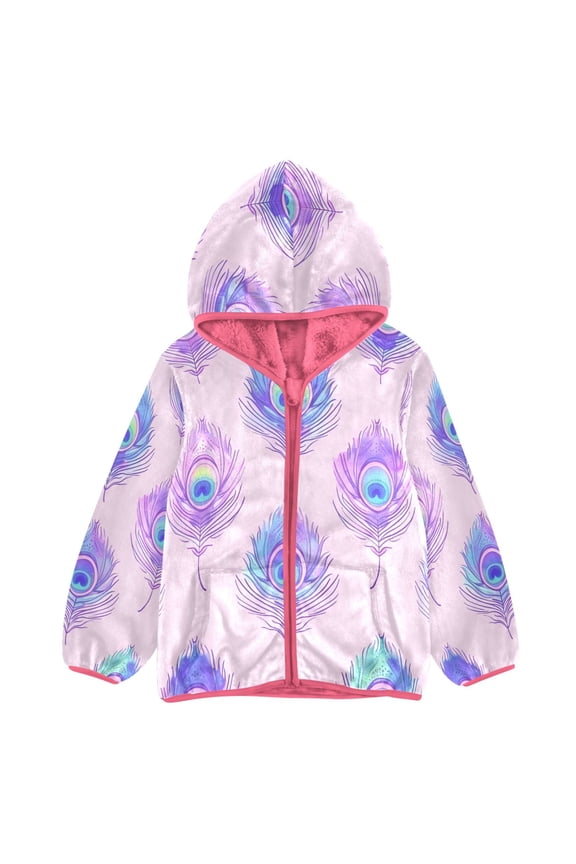 BZSMCE Double-Sided Sherpa Fleece Hooded Zipper Jacket Pink Pastel Watercolor Peacock Feathers Pattern Print Warm Outerwear