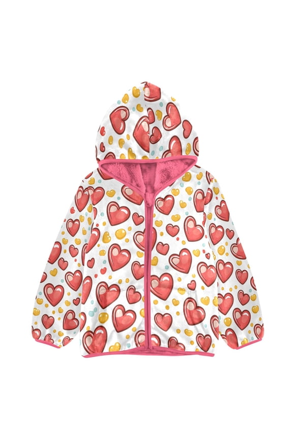 BZSMCE Double-Sided Sherpa Fleece Hooded Zipper Jacket Pink Pattern Heart Pattern Print Warm Outerwear