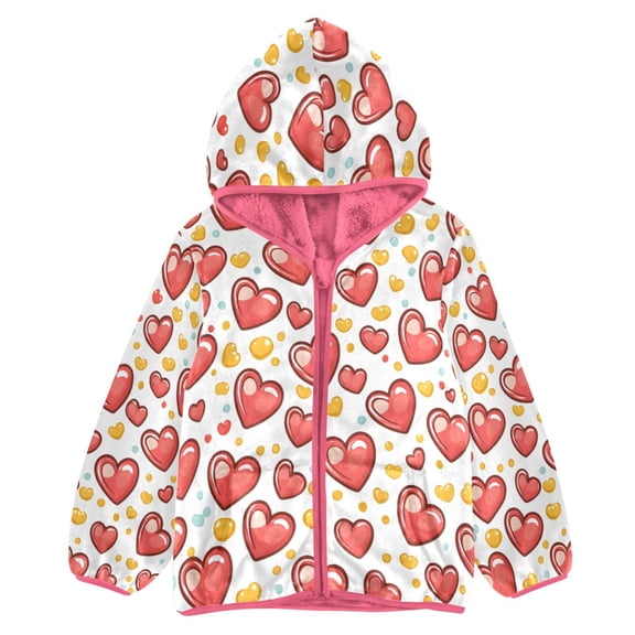 BZSMCE Double-Sided Sherpa Fleece Hooded Zipper Jacket Pink Pattern Heart Pattern Print Warm Outerwear
