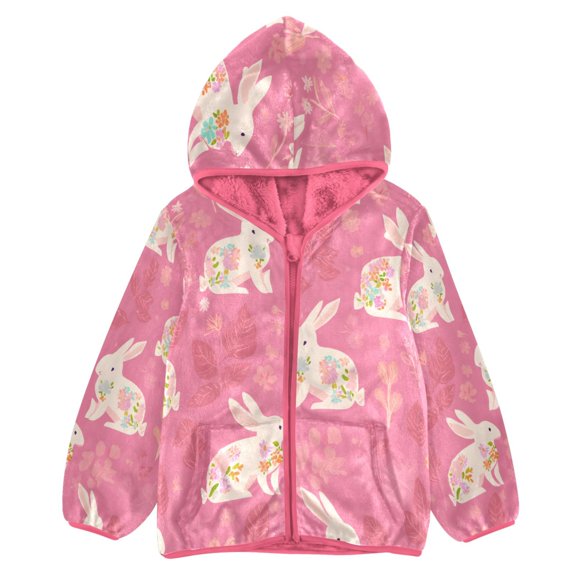 BZSMCE Double-Sided Sherpa Fleece Hooded Zipper Jacket Pink Pattern Rabbit Pattern Print Warm Outerwear
