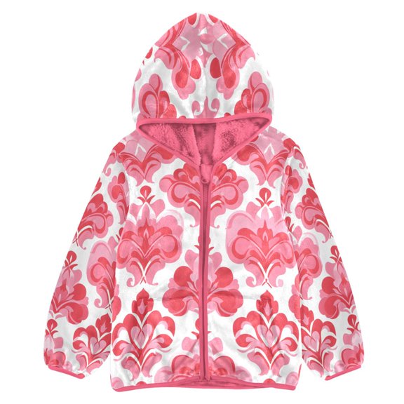 BZSMCE Double-Sided Sherpa Fleece Hooded Zipper Jacket Pink Pattern Red Pattern Print Warm Outerwear