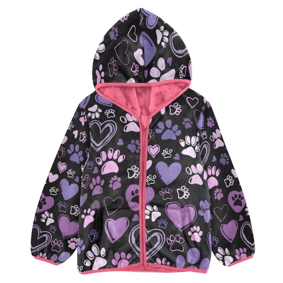 BZSMCE Double-Sided Sherpa Fleece Hooded Zipper Jacket Pink Paw Heart Pattern Print Warm Outerwear