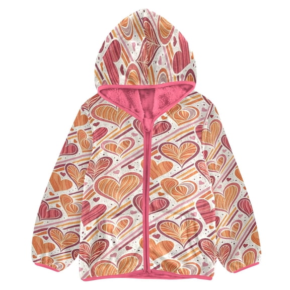 BZSMCE Double-Sided Sherpa Fleece Hooded Zipper Jacket Pink Peach Heartstrings Print Warm Outerwear
