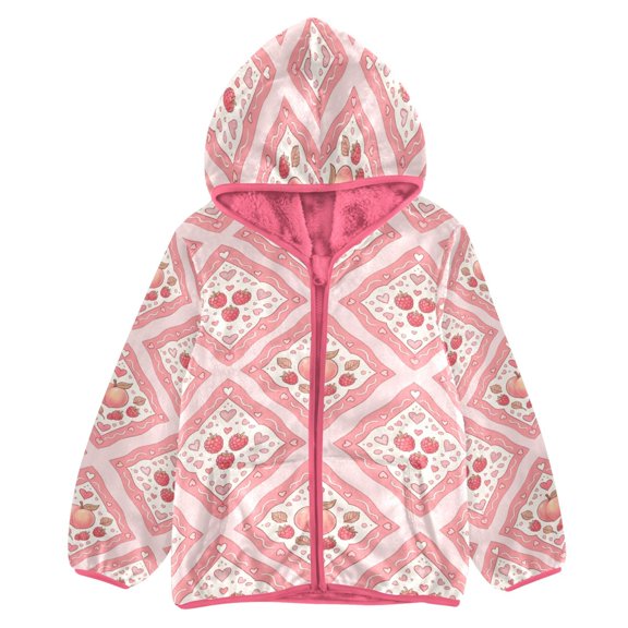 BZSMCE Double-Sided Sherpa Fleece Hooded Zipper Jacket Pink Peach Plaid Pattern Print Warm Outerwear