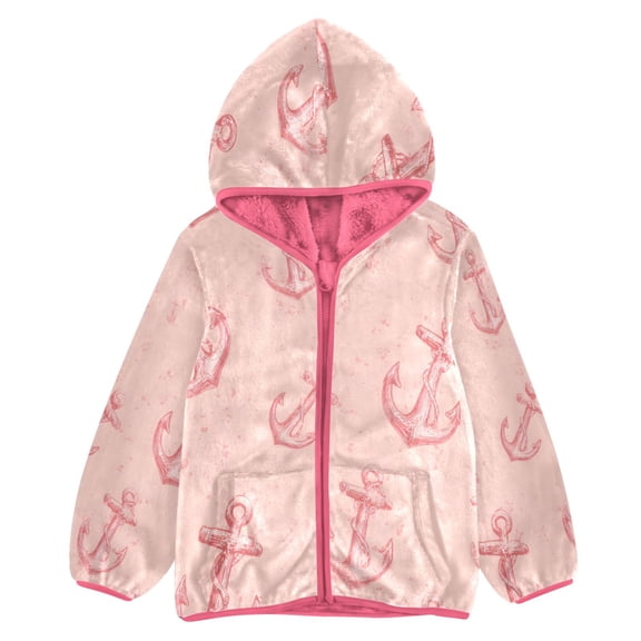 BZSMCE Double-Sided Sherpa Fleece Hooded Zipper Jacket Pink Pink Anchor Pattern Print Warm Outerwear