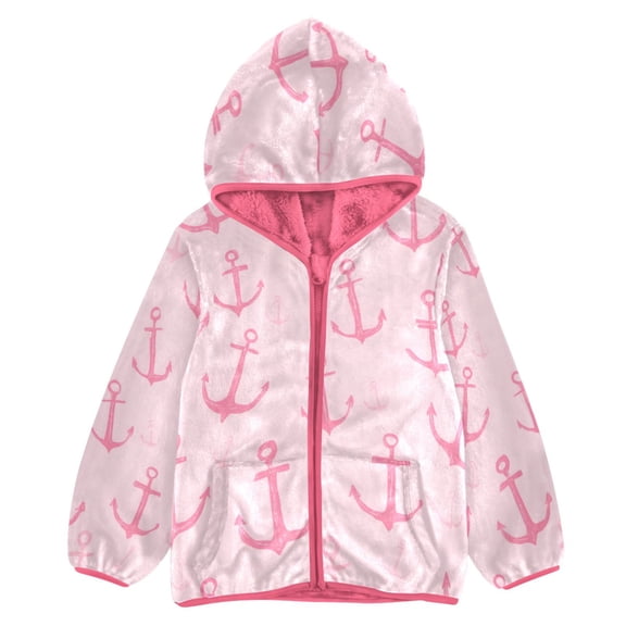 BZSMCE Double-Sided Sherpa Fleece Hooded Zipper Jacket Pink Pink Anchor Pattern Print Warm Outerwear