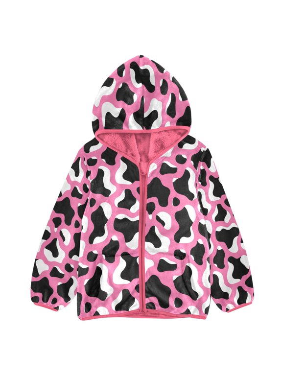 BZSMCE Double-Sided Sherpa Fleece Hooded Zipper Jacket Pink Pink Background Cow Print Pattern Print Warm Outerwear