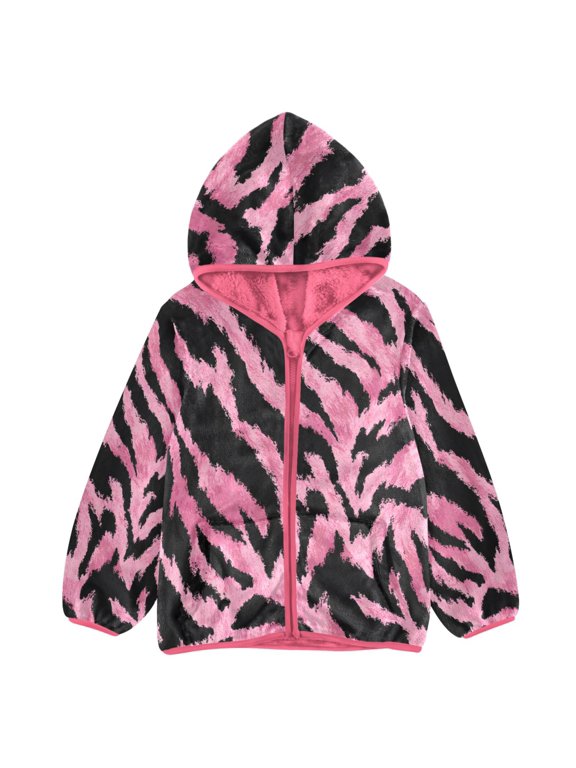 BZSMCE Double-Sided Sherpa Fleece Hooded Zipper Jacket Pink Pink Black Tiger Print Pattern Print Warm Outerwear
