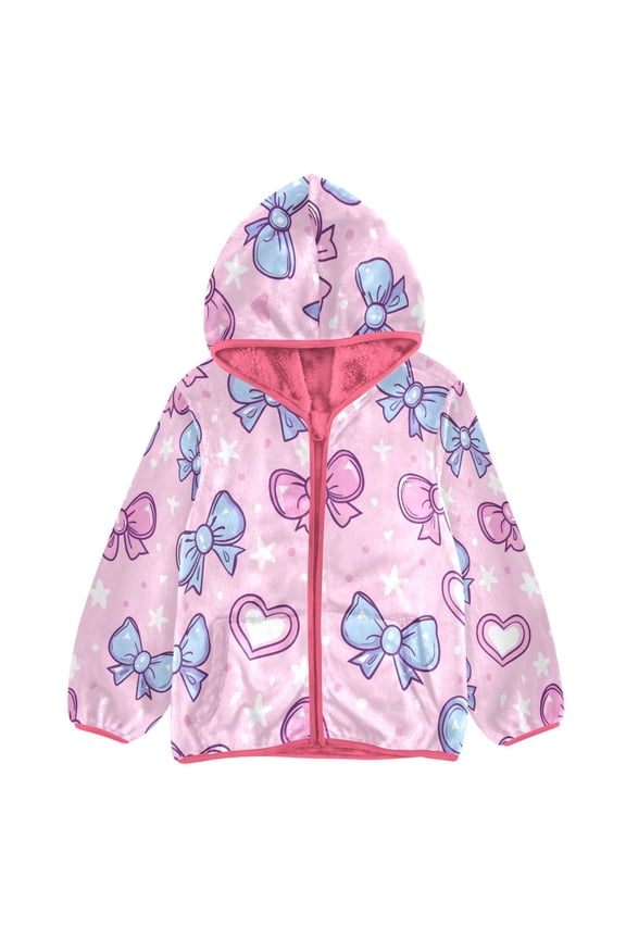 BZSMCE Double-Sided Sherpa Fleece Hooded Zipper Jacket Pink Pink Blue Bow Heart Pattern Print Warm Outerwear