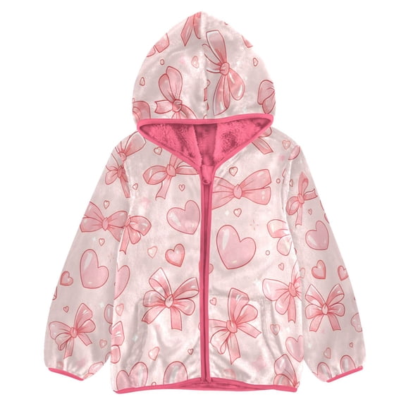 BZSMCE Double-Sided Sherpa Fleece Hooded Zipper Jacket Pink Pink Bow Heart Pattern Print Warm Outerwear