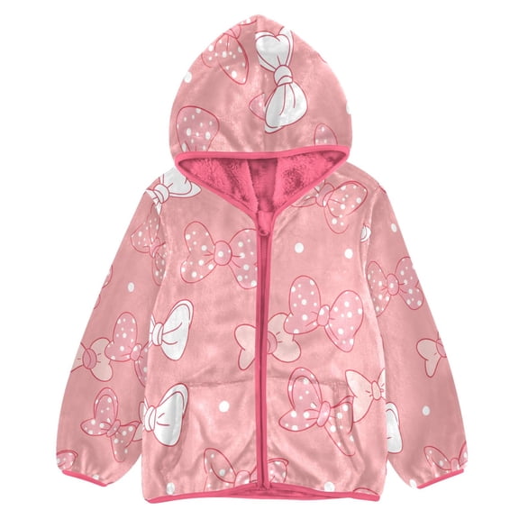 BZSMCE Double-Sided Sherpa Fleece Hooded Zipper Jacket Pink Pink Bows Dot Pattern Print Warm Outerwear
