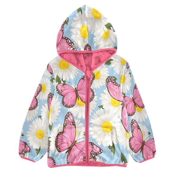 BZSMCE Double-Sided Sherpa Fleece Hooded Zipper Jacket Pink Pink Butterfly Daisy Pattern Print Warm Outerwear