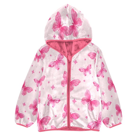BZSMCE Double-Sided Sherpa Fleece Hooded Zipper Jacket Pink Pink Butterfly Pattern Print Warm Outerwear