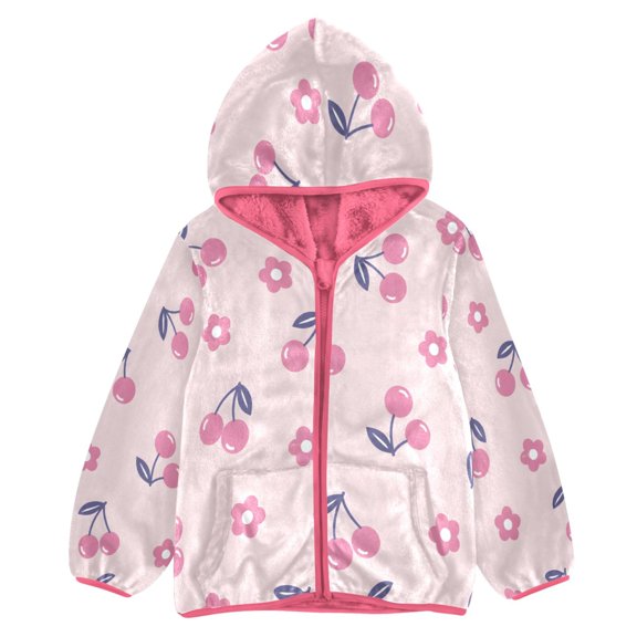 BZSMCE Double-Sided Sherpa Fleece Hooded Zipper Jacket Pink Pink Cherry Pattern Print Warm Outerwear