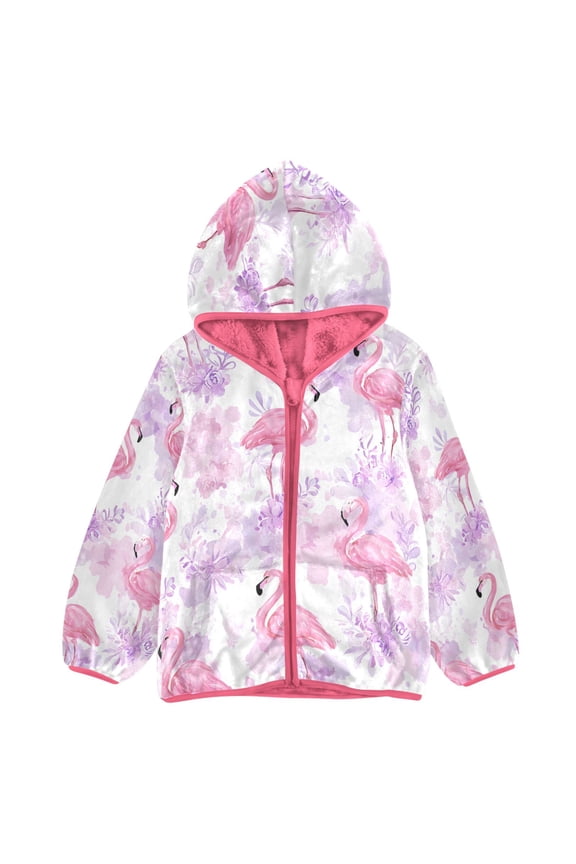 BZSMCE Double-Sided Sherpa Fleece Hooded Zipper Jacket Pink Pink Flamingo Pattern Print Warm Outerwear