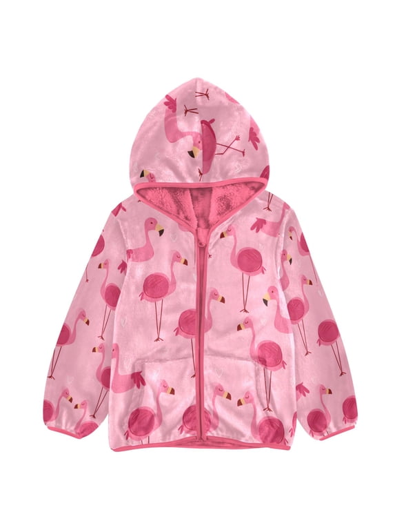 BZSMCE Double-Sided Sherpa Fleece Hooded Zipper Jacket Pink Pink Flamingo Pattern Print Warm Outerwear