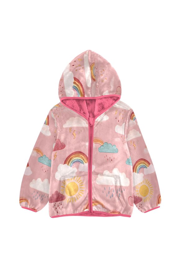 BZSMCE Double-Sided Sherpa Fleece Hooded Zipper Jacket Pink Pink Rainbow Rain Pattern Print Warm Outerwear