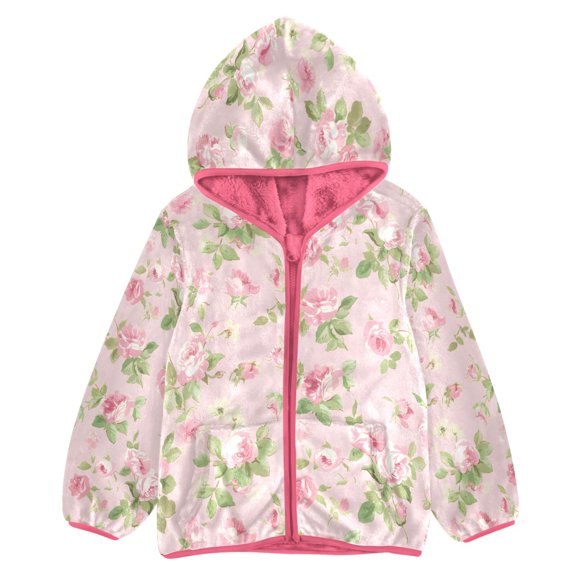 BZSMCE Double-Sided Sherpa Fleece Hooded Zipper Jacket Pink Pink Rose Pattern Print Warm Outerwear