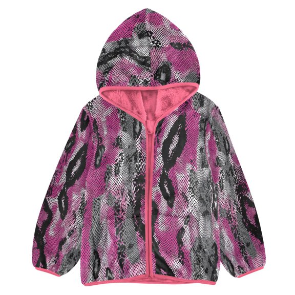 BZSMCE Double-Sided Sherpa Fleece Hooded Zipper Jacket Pink Pink Snake Skin Pattern Print Warm Outerwear