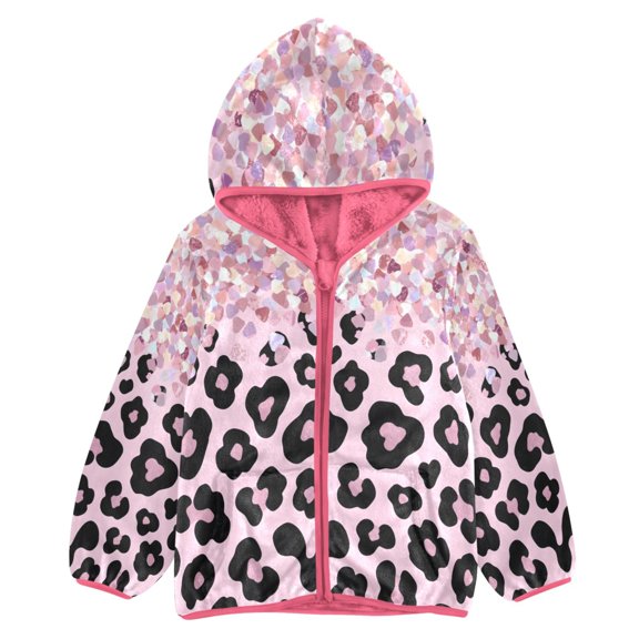 BZSMCE Double-Sided Sherpa Fleece Hooded Zipper Jacket Pink Pink Sparkly Glitter Leopard Print Warm Outerwear