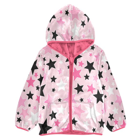 BZSMCE Double-Sided Sherpa Fleece Hooded Zipper Jacket Pink Pink Star Print Warm Outerwear