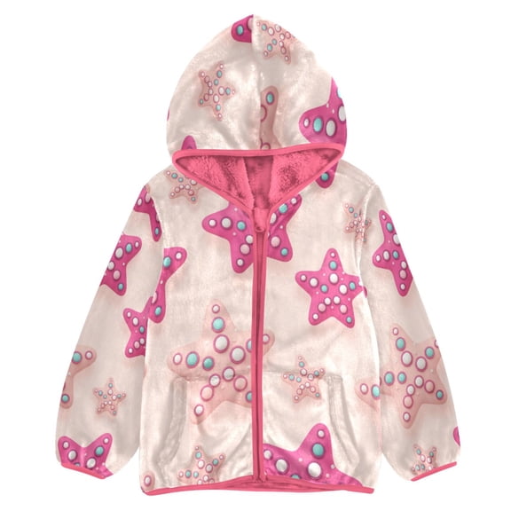 BZSMCE Double-Sided Sherpa Fleece Hooded Zipper Jacket Pink Pink Starfish Print Warm Outerwear