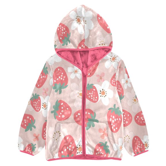 BZSMCE Double-Sided Sherpa Fleece Hooded Zipper Jacket Pink Pink Strawberr White Flower Pattern Print Warm Outerwear