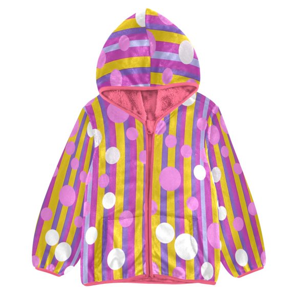 BZSMCE Double-Sided Sherpa Fleece Hooded Zipper Jacket Pink Pink Striped Polka Dot Pattern Print Warm Outerwear