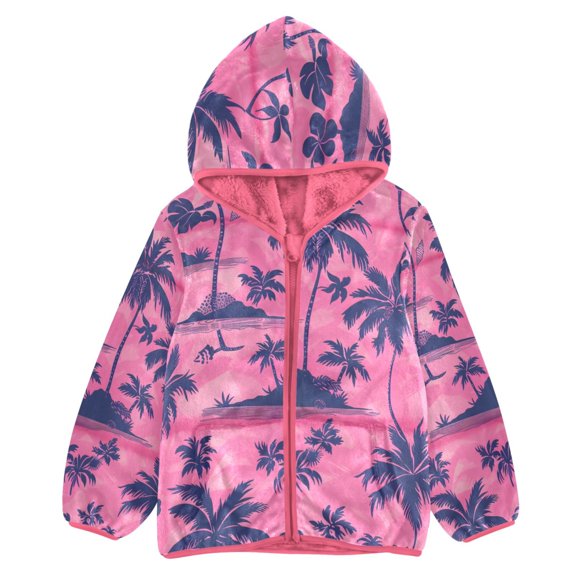 BZSMCE Double-Sided Sherpa Fleece Hooded Zipper Jacket Pink Pink Tree Print Warm Outerwear