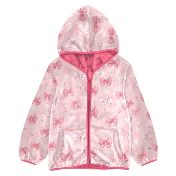 BZSMCE Double-Sided Sherpa Fleece Hooded Zipper Jacket Pink Pink White Bow Heart Pattern Print Warm Outerwear