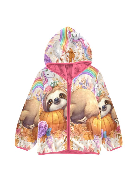 BZSMCE Double-Sided Sherpa Fleece Hooded Zipper Jacket Pink Pumpkin Sloth Unicorn Print Warm Outerwear