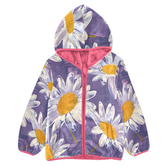 BZSMCE Double-Sided Sherpa Fleece Hooded Zipper Jacket Pink Purple Background Daisies Pattern Print Warm Outerwear