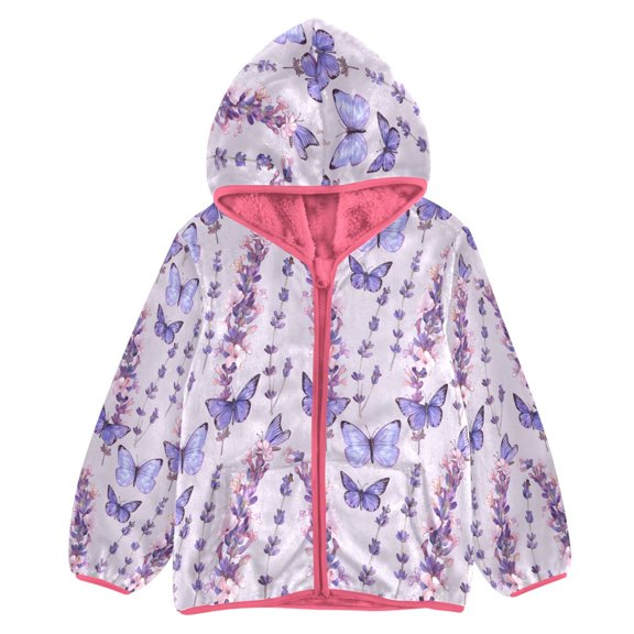 BZSMCE Double-Sided Sherpa Fleece Hooded Zipper Jacket Pink Purple Butterfly Lavender Pattern Print Warm Outerwear