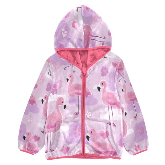BZSMCE Double-Sided Sherpa Fleece Hooded Zipper Jacket Pink Purple Flamingo Pattern Print Warm Outerwear