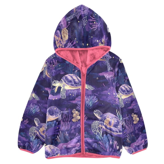 BZSMCE Double-Sided Sherpa Fleece Hooded Zipper Jacket Pink Purple Turtle Pattern Print Warm Outerwear