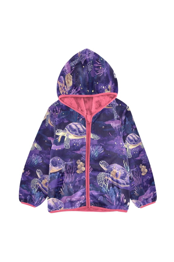 BZSMCE Double-Sided Sherpa Fleece Hooded Zipper Jacket Pink Purple Turtle Pattern Print Warm Outerwear