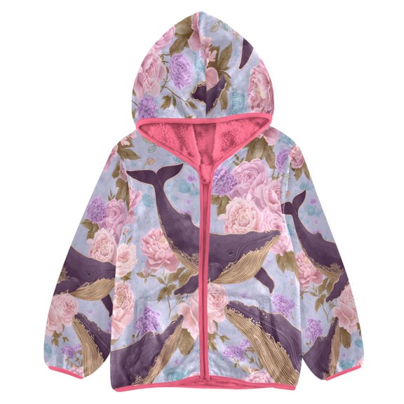 BZSMCE Double-Sided Sherpa Fleece Hooded Zipper Jacket Pink Purple Whale Flower Pattern Print Warm Outerwear