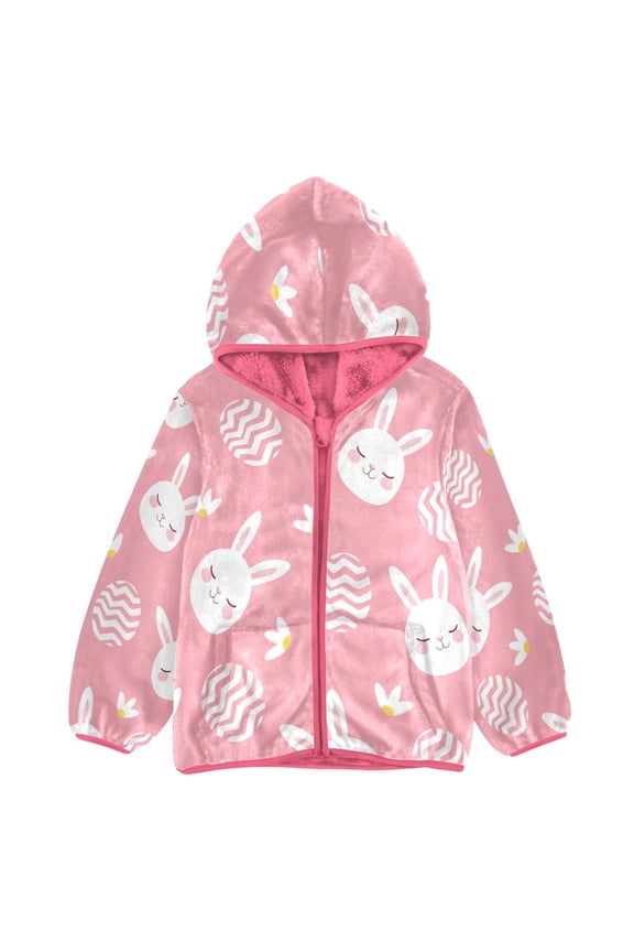BZSMCE Double-Sided Sherpa Fleece Hooded Zipper Jacket Pink Rabbit Easter Egg Pattern Print Warm Outerwear