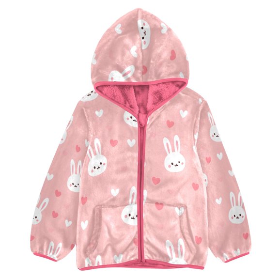 BZSMCE Double-Sided Sherpa Fleece Hooded Zipper Jacket Pink Rabbit Head Pattern Print Warm Outerwear