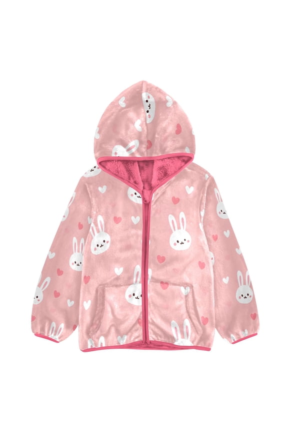 BZSMCE Double-Sided Sherpa Fleece Hooded Zipper Jacket Pink Rabbit Head Pattern Print Warm Outerwear