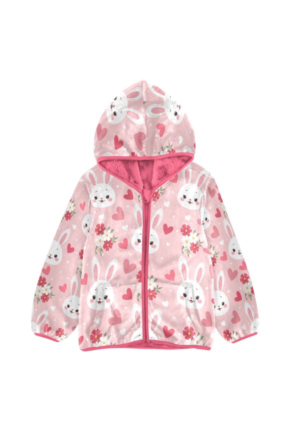 BZSMCE Double-Sided Sherpa Fleece Hooded Zipper Jacket Pink Rabbit Heart Pattern Print Warm Outerwear
