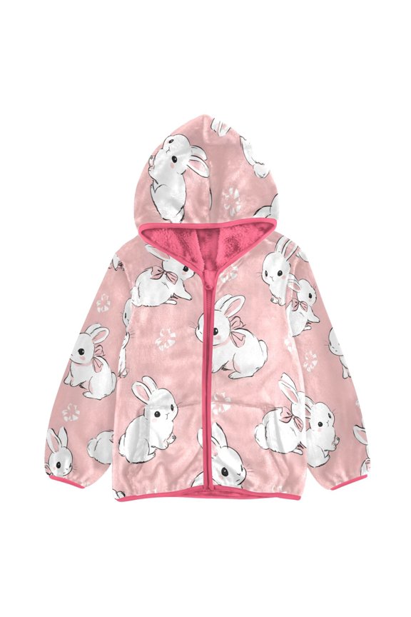 BZSMCE Double-Sided Sherpa Fleece Hooded Zipper Jacket Pink Rabbit Print Warm Outerwear