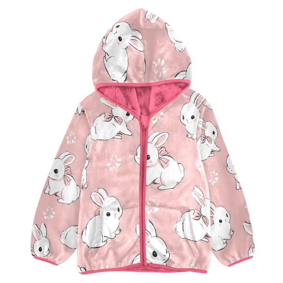 BZSMCE Double-Sided Sherpa Fleece Hooded Zipper Jacket Pink Rabbit Print Warm Outerwear