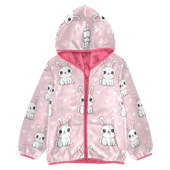 BZSMCE Double-Sided Sherpa Fleece Hooded Zipper Jacket Pink Rabbit and Heart Print Warm Outerwear
