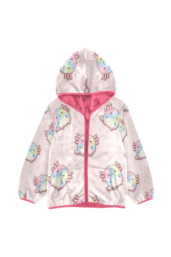 BZSMCE Double-Sided Sherpa Fleece Hooded Zipper Jacket Pink Rainbow Axolotl Pattern Print Warm Outerwear