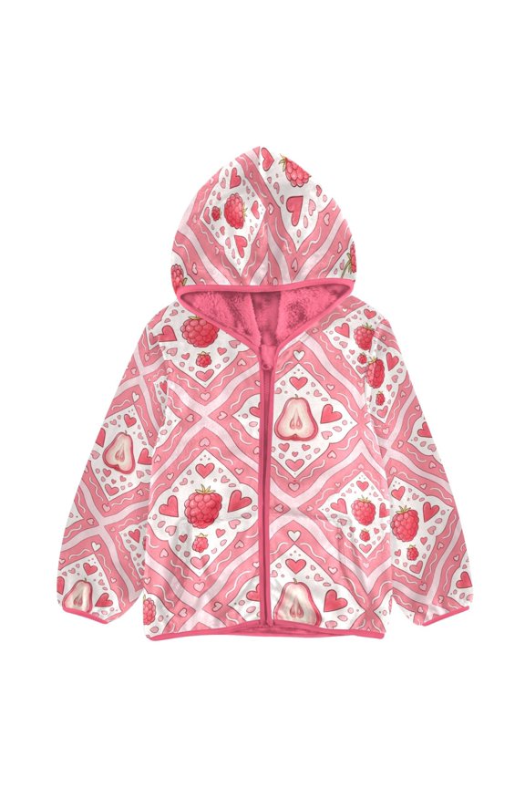 BZSMCE Double-Sided Sherpa Fleece Hooded Zipper Jacket Pink Raspberry Wax Apple Pattern Print Warm Outerwear