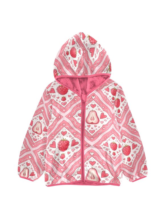 BZSMCE Double-Sided Sherpa Fleece Hooded Zipper Jacket Pink Raspberry Wax Apple Pattern Print Warm Outerwear