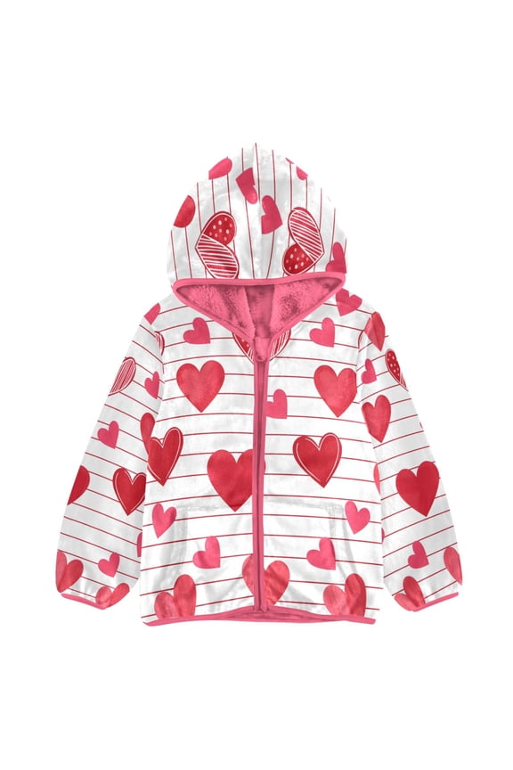 BZSMCE Double-Sided Sherpa Fleece Hooded Zipper JacketPink Red Heart Print Warm Outerwear